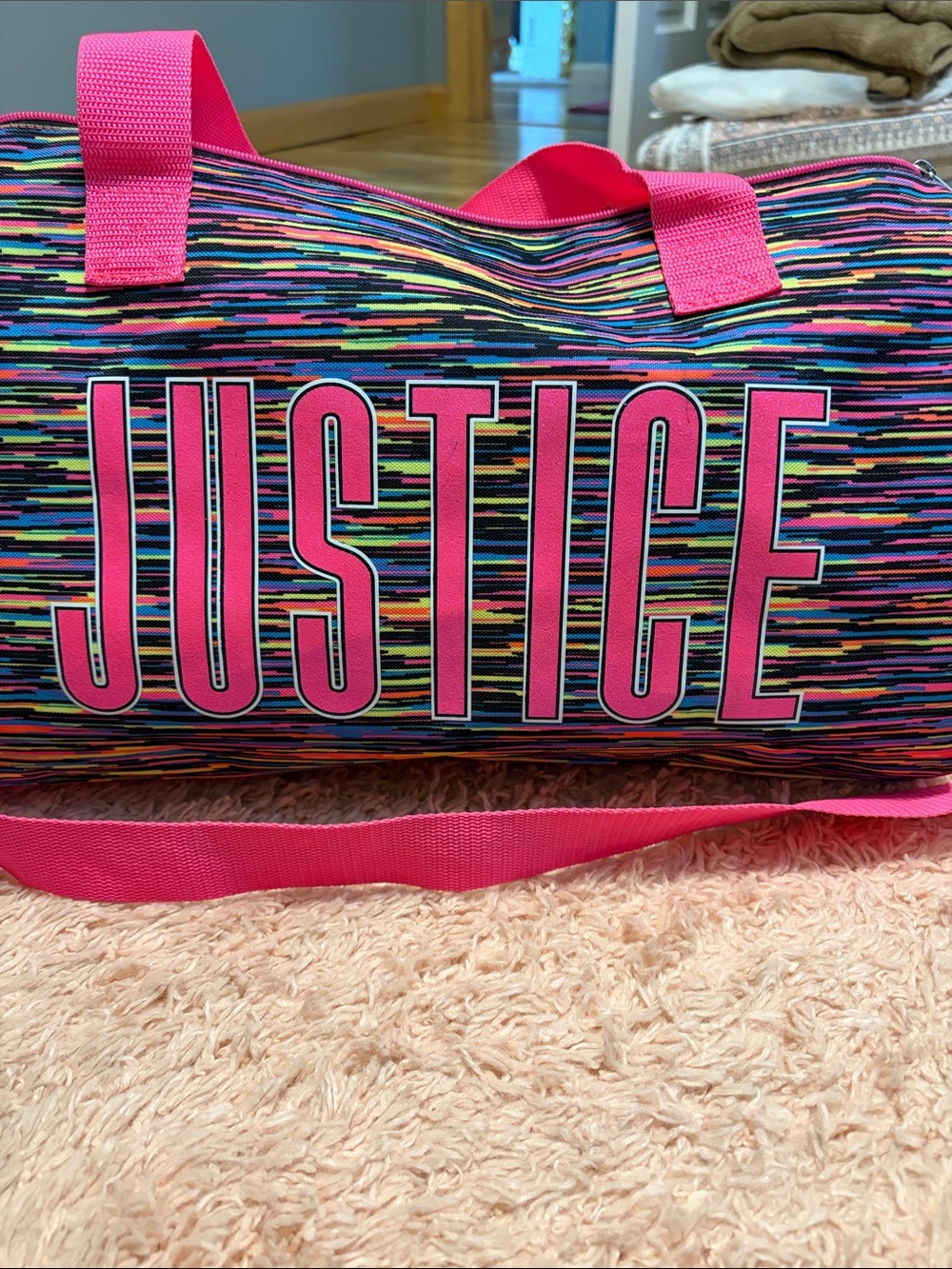 NWOT Justice Duffle Bag Hot Pink Shimmer Logo Adjustable Shoulder Strap